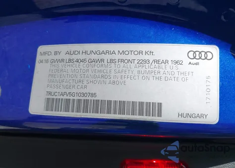 2016 Audi Tts 2.0T from USA, damaged, VIN TRUC1AFV5G1030785